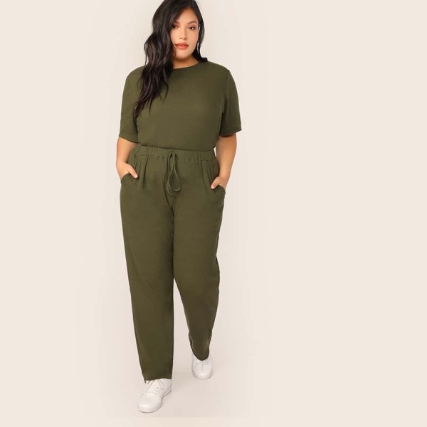 

Plus Solid Rib-knit Tee & Drawstring Waist Pants Set