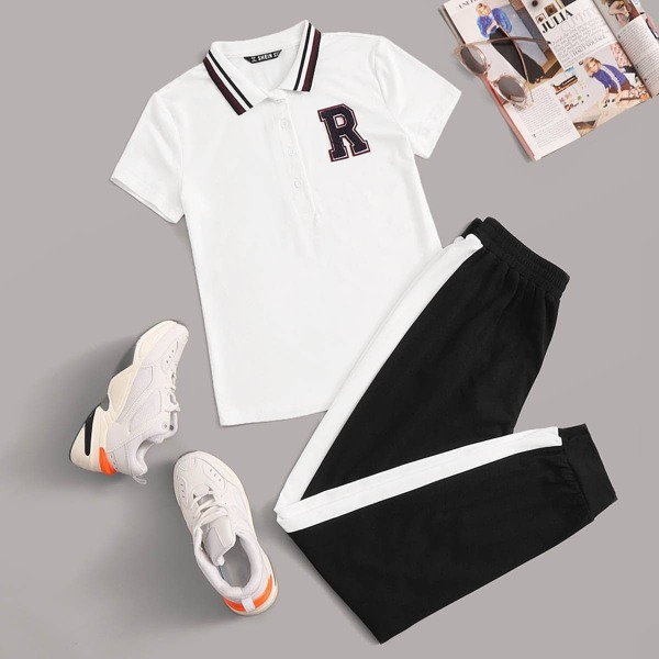 

Letter Patched Polo Shirt & Sweatpants Set