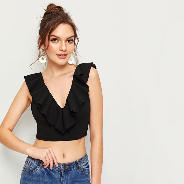 

Zip Back Layered Ruffle Trim Top, Black
