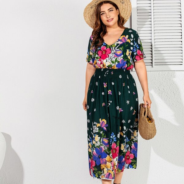 

Plus Floral Shirred Longline Dress, Multicolor