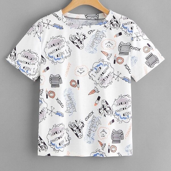 

Plus Cartoon & Letter Print Tee, Multicolor