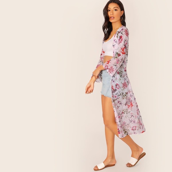 

Waist Tie Long Sleeve Sheer Mesh Floral Kimono, Multicolor