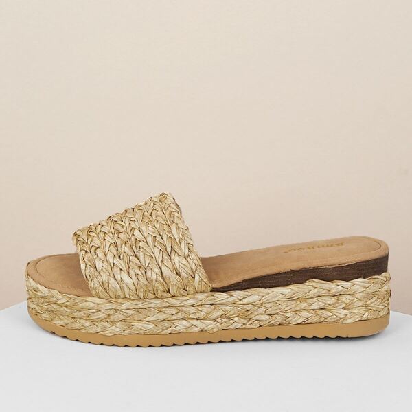 

Straw Woven Band Flatform Open Toe Slide Sandals, Beige