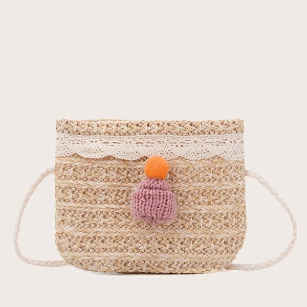 

Girls Pom Pom Decor Woven Bag, Khaki