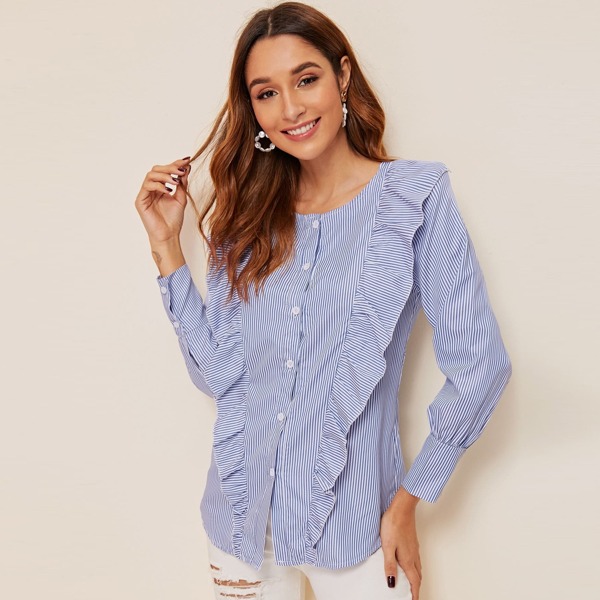 

Stripe Print Ruffle Trim Blouse
