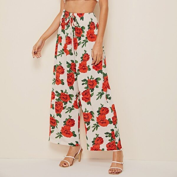 

Rose Print Shirred Drawstring Wide Leg Pants
