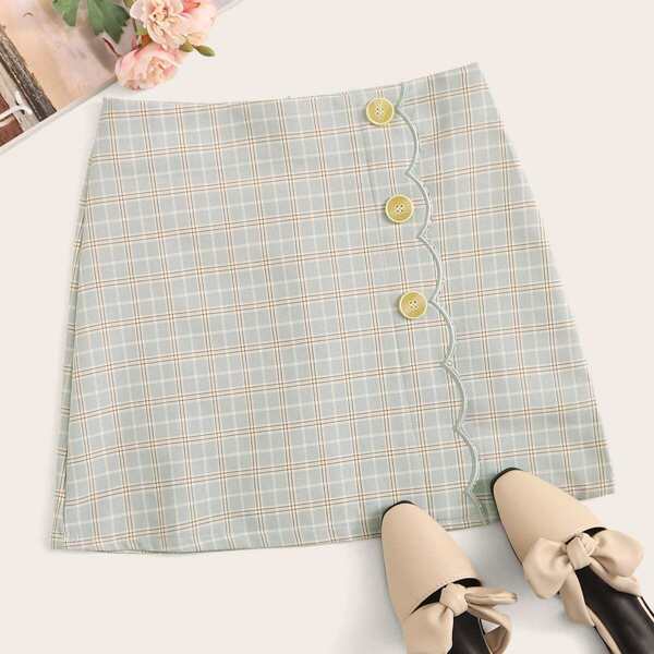 

Tartan Print Scallop Embroidery Pencil Skirt