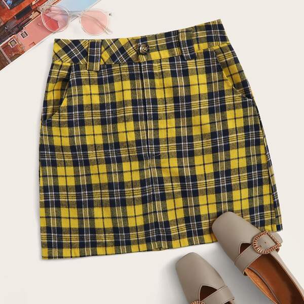 

Tartan Print Button Fly Pencil Skirt, Yellow