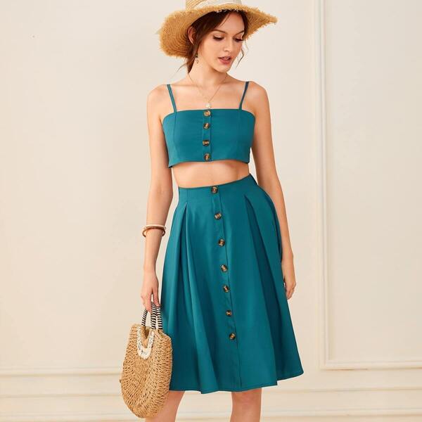 

Button Front Tie Back Cami Top With Midi Skirt