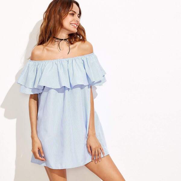 

Off Shoulder Ruffle Striped Dress, Blue