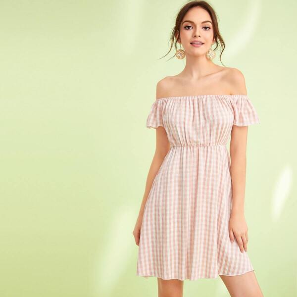 

Gingham Print Off Shoulder Dress