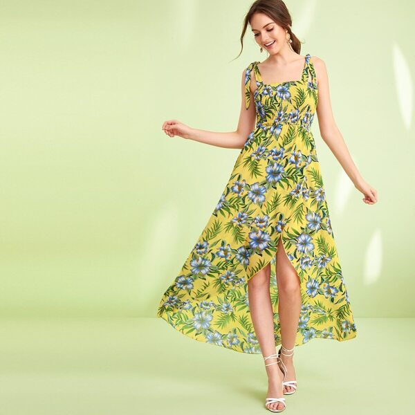 Floral Print Shirred Asymmetrical Wrap Slip Dress
