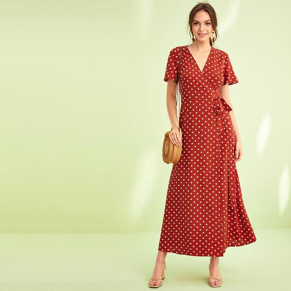 

Polka-dot Print Wrap Belted Dress