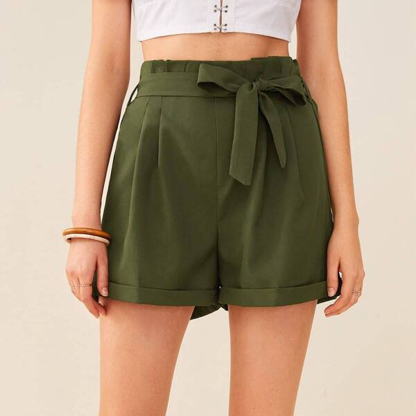 

Solid Paperbag Waist Belted Cuffed Shorts