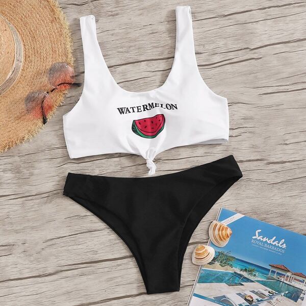 

Letter & Fruit Print Top With Low Rise Bikini Set, Black and white