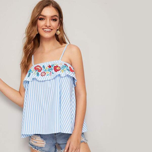 

Striped Embroidered Flower Cami Top