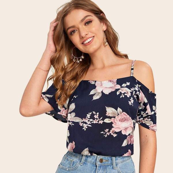 

Cold-shoulder Floral Print Cami Blouse