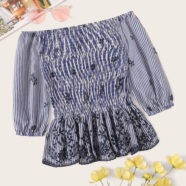 

Striped Eyelet Embroidery Shirred Peplum Blouse