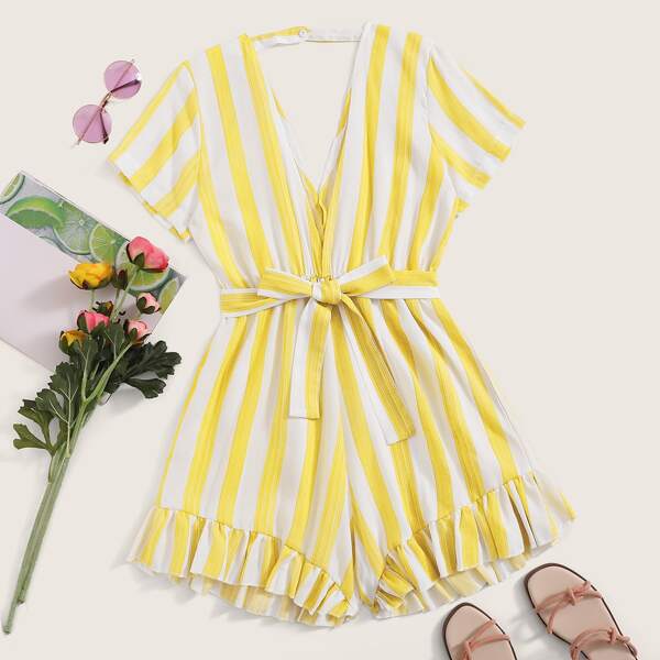 

Striped Ruffle Hem Belted Playsuit, Yellow