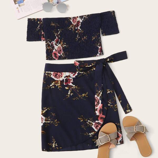 

Floral Print Off Shoulder Shirred Top With Wrap Skirt