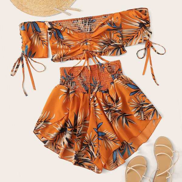 

Tropical Print Drawstring Shirred Off Shoulder Top With Shorts, Multicolor