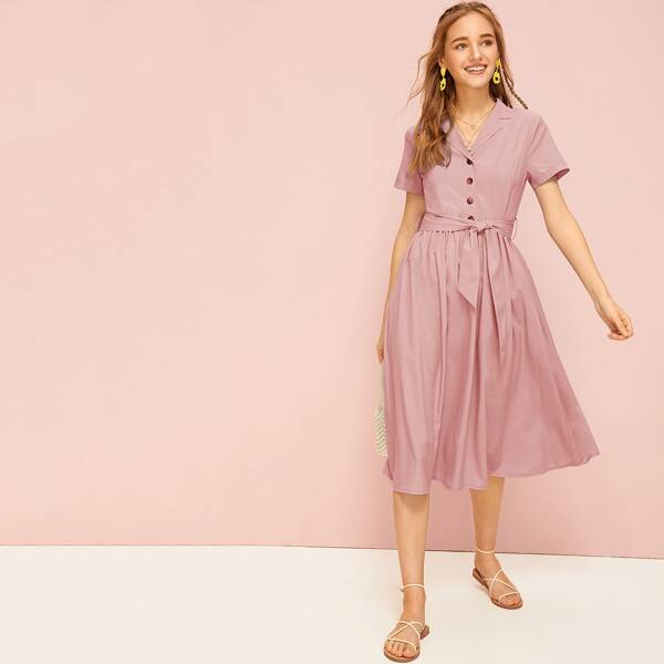 

Notched Button Front Belted Midi Shirt Dress, Pink