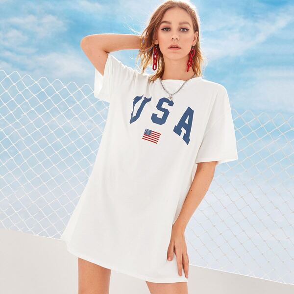 

Letter & Flag Print T-shirt Dress, White