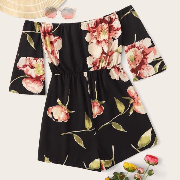 

Large Floral Print Off-shoulder Flounce Sleeve Romper, Black
