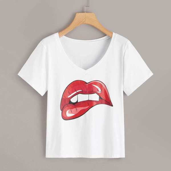 

Lip Print V-neck Tee