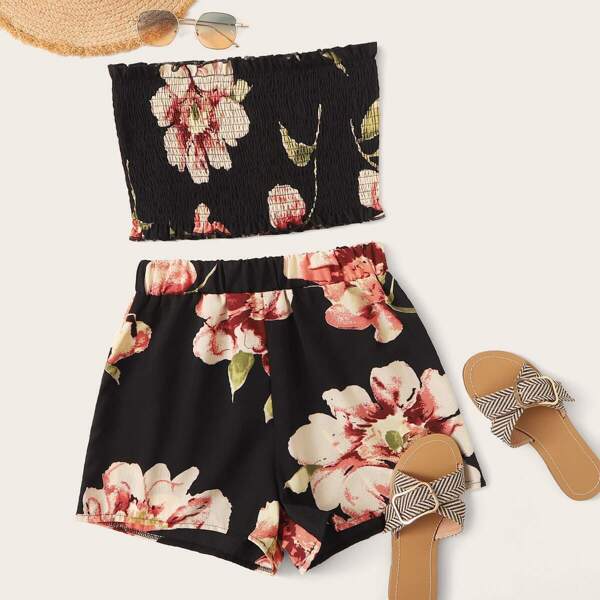 

Large Floral Print Shirred Bandeau With Shorts, Black