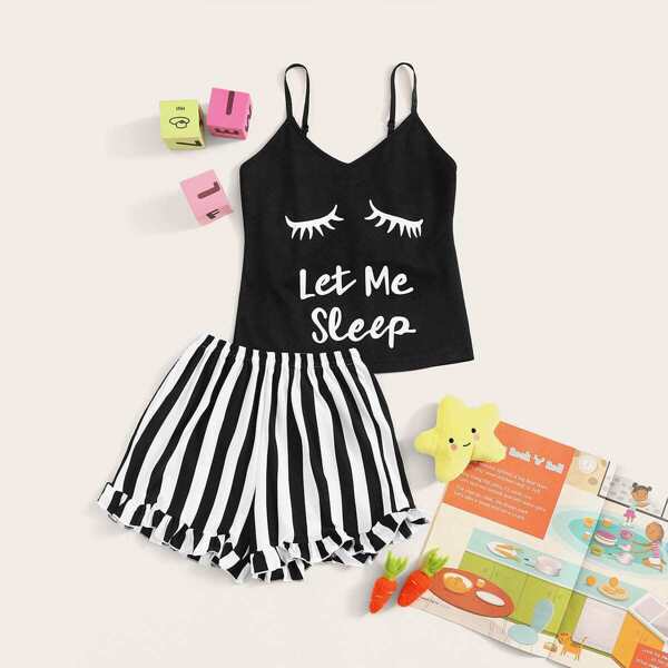 

Girls Eyelash & Slogan Graphic Striped Cami PJ Set, Black and white