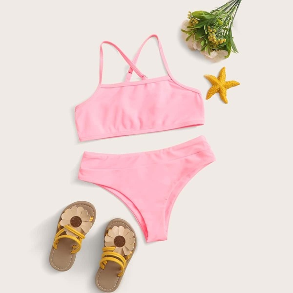 

Girls Crisscross Back Top With Ruched Bikini Set, Pink pastel