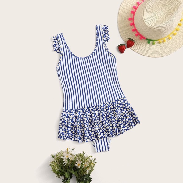 

Girls Ditsy Floral Striped One Piece Swim, Multicolor