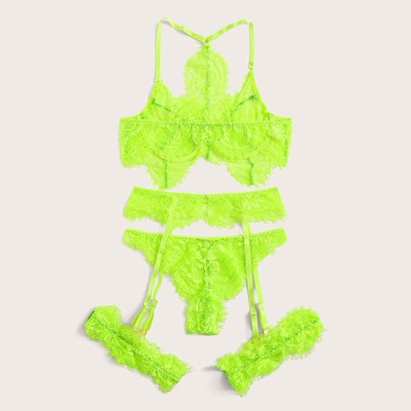 

Plus Neon Lime Floral Lace Garter Lingerie Set