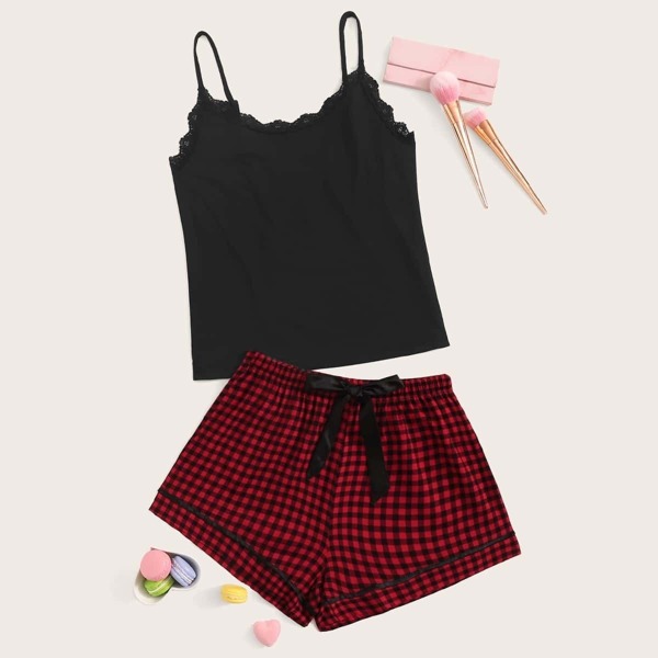 

Lace Trim Cami Top With Gingham Shorts PJ Set