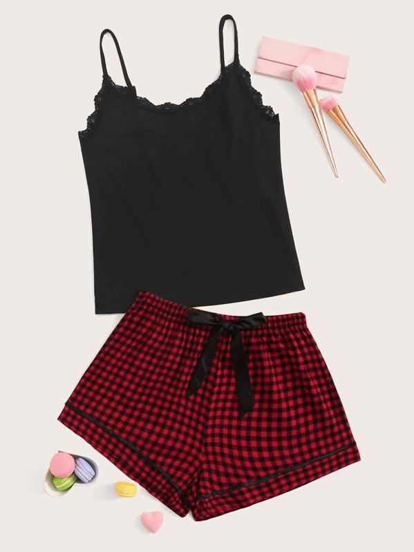 

Lace Trim Cami Top With Gingham Shorts PJ Set, Multicolor