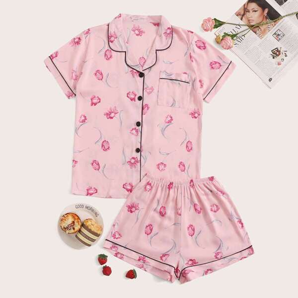 

Floral Print Satin Pajama Set