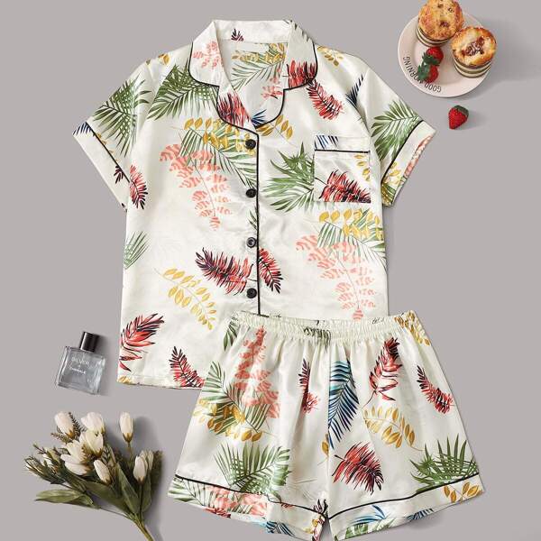 

Tropical Print Satin Pajama Set