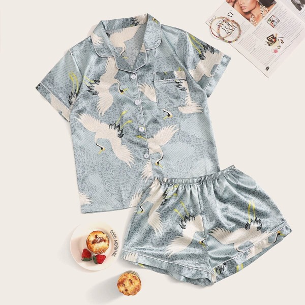 

Crane Print Satin Pajama Set