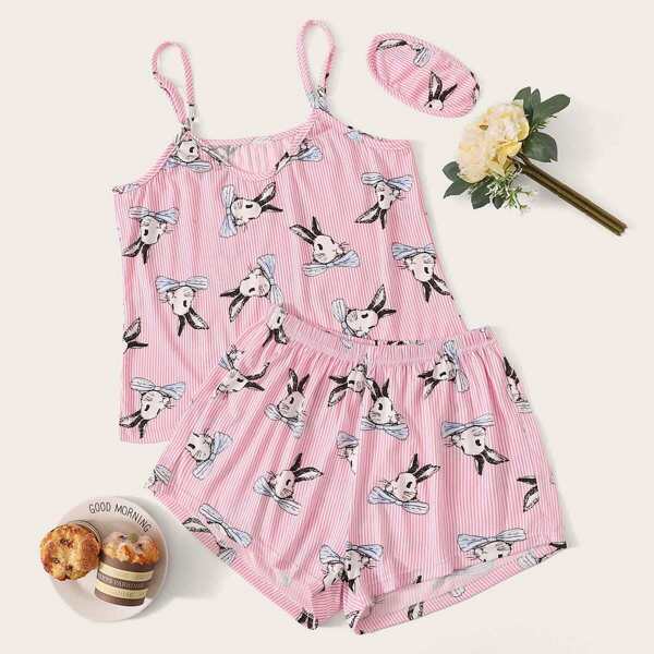 

Rabbit Print Striped Cami PJ Set With Eye Mask