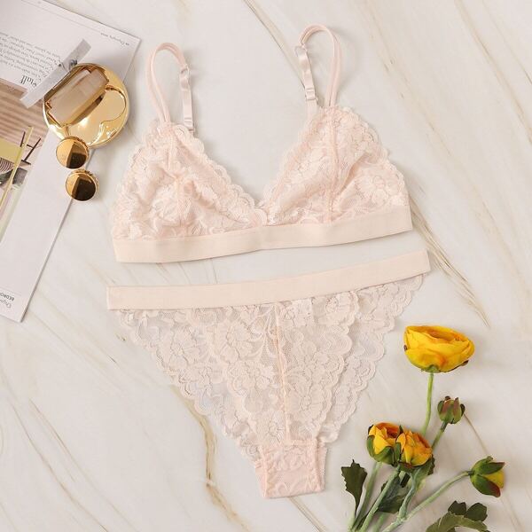 

Floral Lace Sheer Lingerie Set, Beige