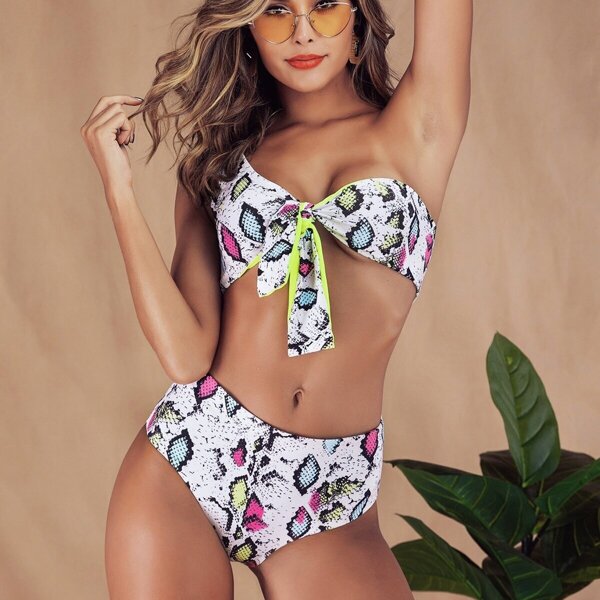 

Random Snakeskin One Shoulder Top With High Waist Bikini, Multicolor
