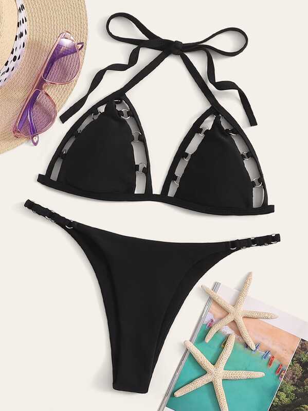 

O-ring Triangle Halter Top With Tanga Bikini, Black