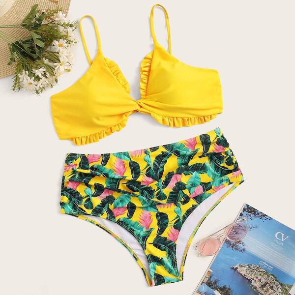 

Plus Frill Trim Twist Top With Tropical Bikini, Multicolor