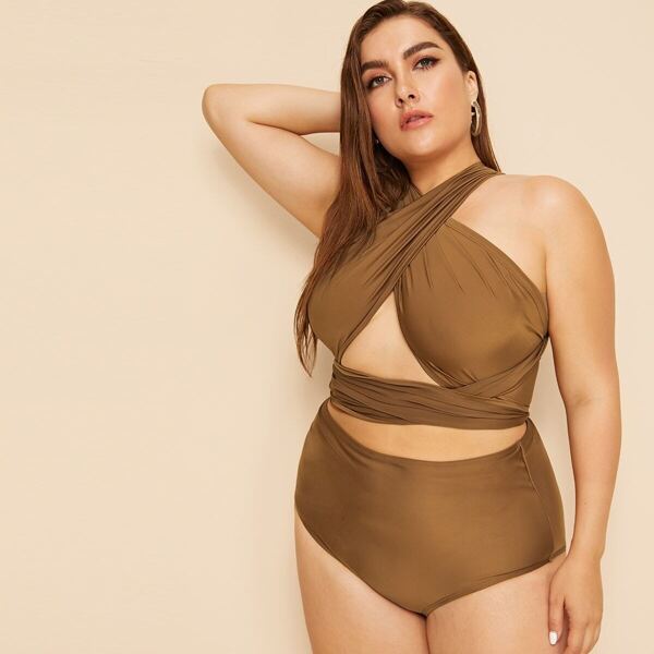 

Plus Crisscross Halter Top With High Waist Bikini