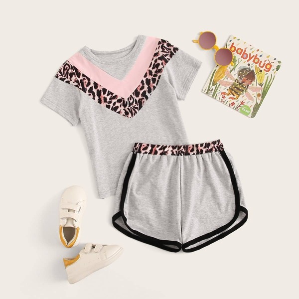 

Toddler Girls Contrast Leopard Print Tee With Dolphin Shorts, Multicolor