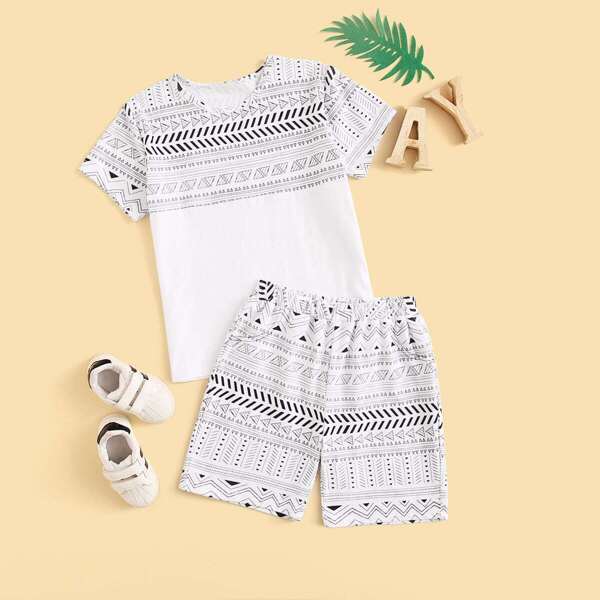 

Boys Tribal Print Tee With Shorts, White