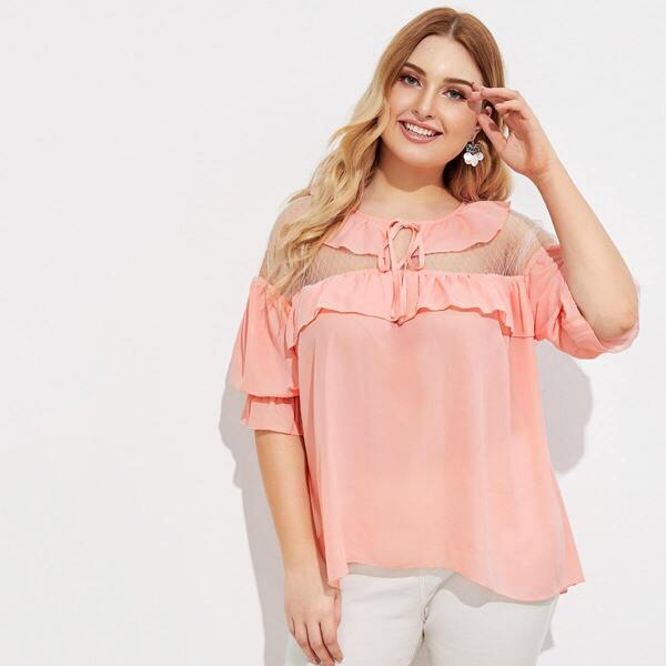 

Plus Contrast Mesh Ruffle Trim Tie Neck Blouse