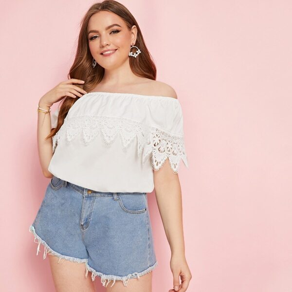 

Plus Contrast Lace Off Shoulder Top, White