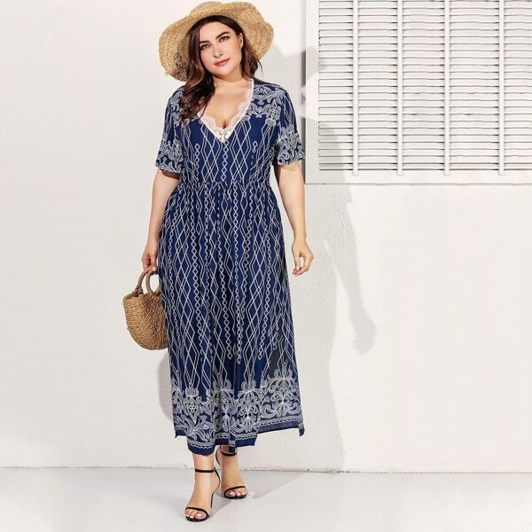

Plus Tribal Geo Print Contrast Lace Dress